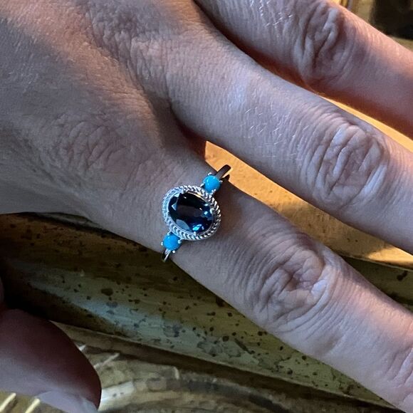 London Blue Topaz Sleeping Beauty Turquoise Sterling Silver Ring Size 9 - Picture 4 of 10
